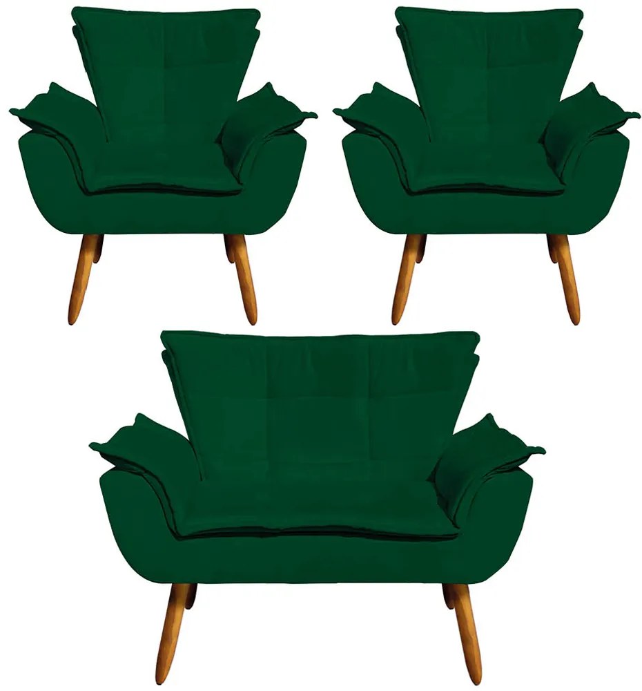 Conjunto 2 Poltronas e 1 Namoradeira Pés Palito Charger Suede Verde G19 - Gran Belo