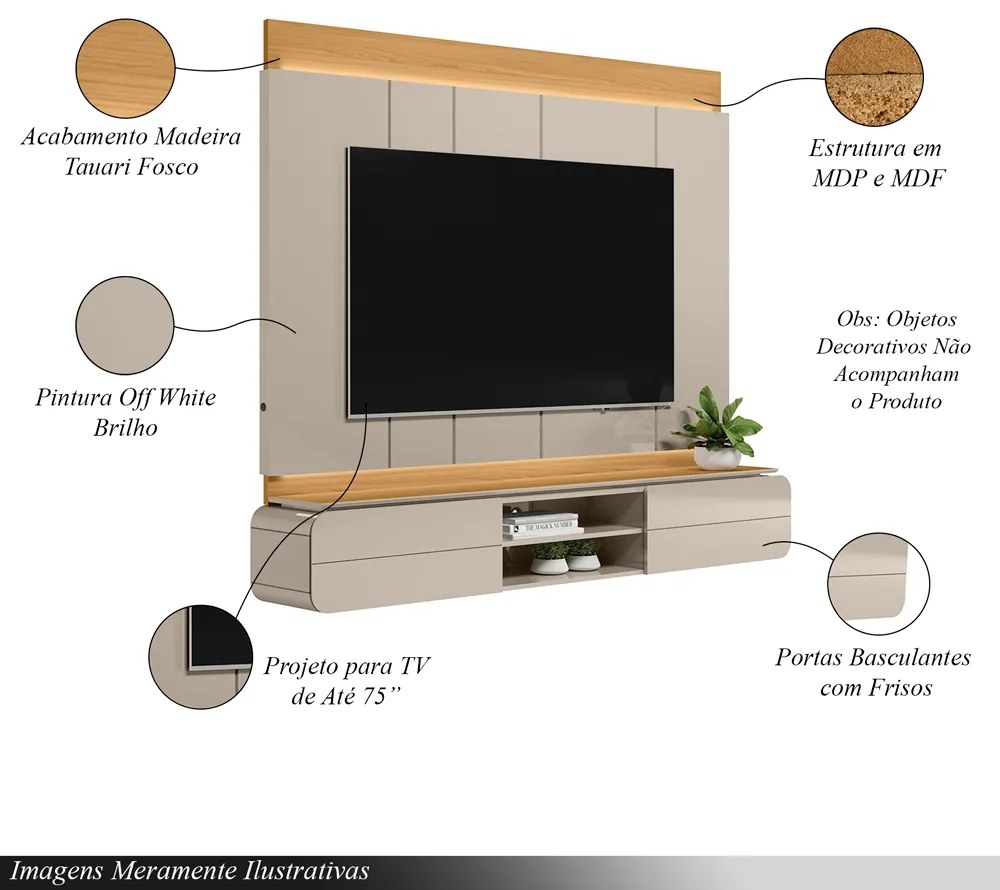 Painel Home Decorativo Zendaya MDP/MDF TV até 75 Polegadas Portas Tauari/Off White G77 - Gran Belo
