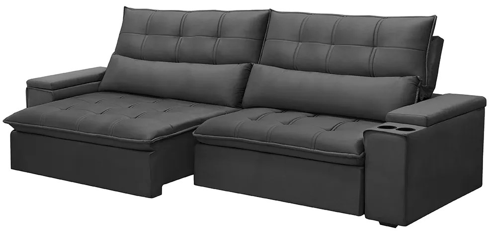 Sofá Retrátil e Reclinável 3 Lugares 210cm Robem Porta Copos no Braço Veludo Grafite G22 - Gran Belo