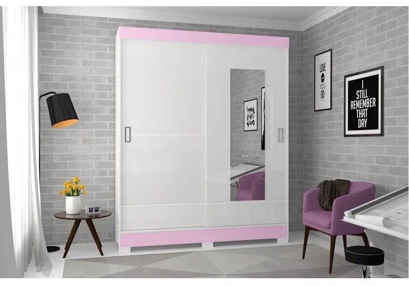 Roupeiro Briz 2 Portas Deslizantes 2 Gavetas - Branco / Rosa Chá