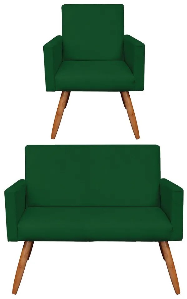 Kit 01 Namoradeira com 01 Poltrona Larissa Suede Pés Palito Castanho D'Rossi - Verde