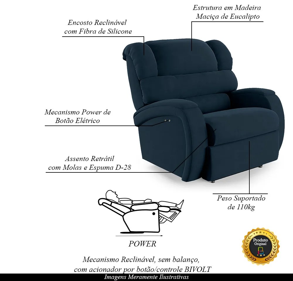 Poltrona do Papai Sala de Cinema Reclinável Kylie Power Touch Veludo Azul G23