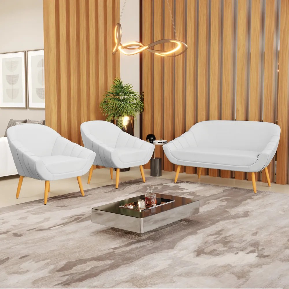 Kit 01 Namoradeira 02 Lugares e 02 Poltronas Giovana Linho Cinza A05 Pés Palito Castanho - Indo Decorar