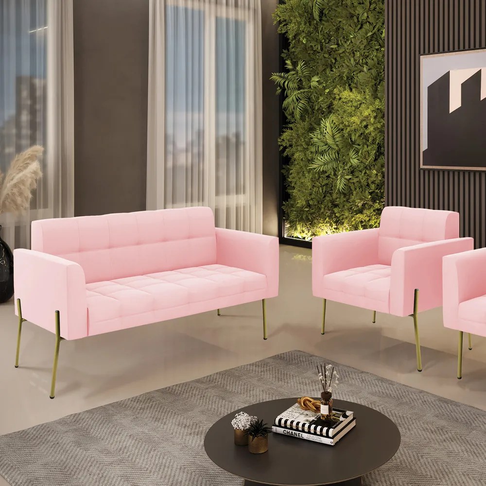 Sofá Namoradeira e Poltrona Pé de Ferro Dourado Elisa Suede D03 - D'Rossi - Rosa Bebê