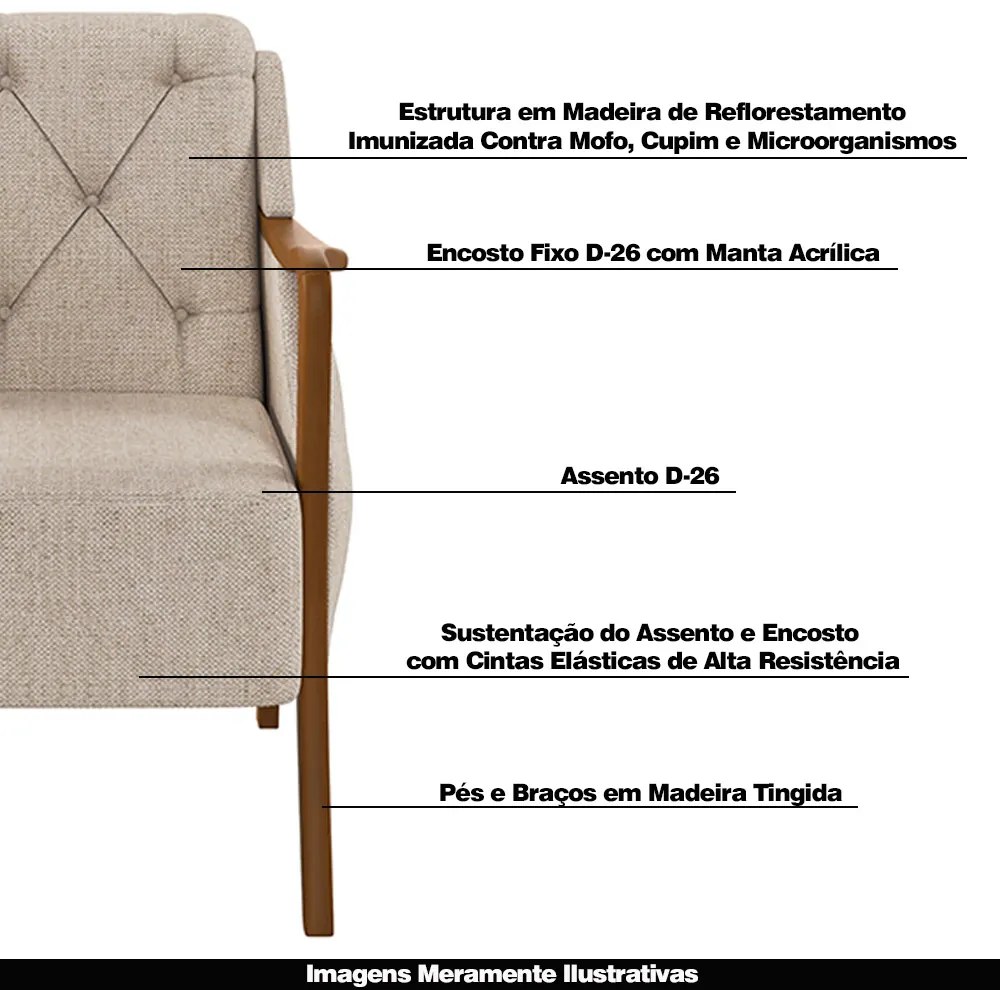 Poltrona Namoradeira Decorativa 2 Lugares Braços em Madeira Hand Linho Bege G45 - Gran Belo