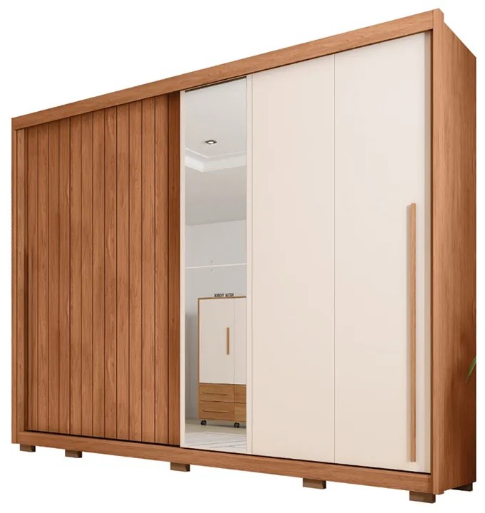 Guarda Roupa Casal Polaris Ripado com 2 Portas de Correr com Espelho 6 Gavetas MDF Freijo/Off/Sued G11- Gran Belo