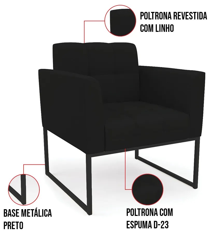 Kit 1 Sofá Namoradeira e 1 Poltrona Elisa Linho Base Metálica Industrial Preto D03 - D'Rossi - A79 Preto