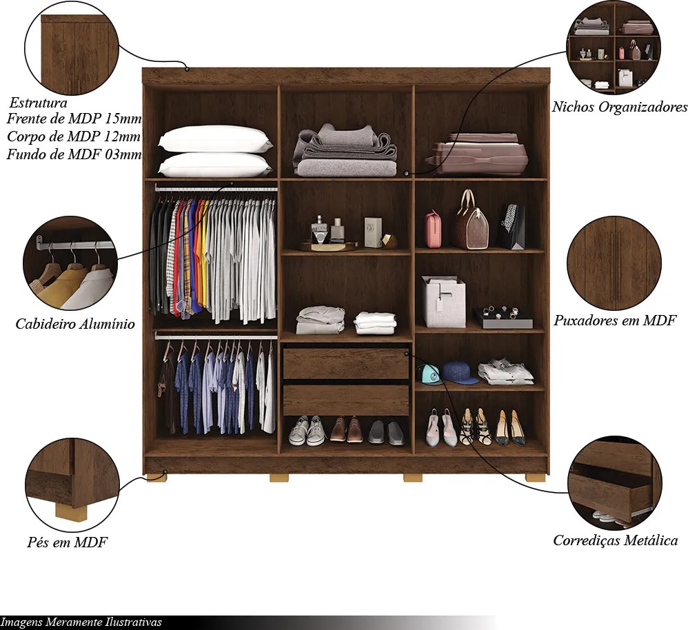 Guarda Roupa Casal Doral 218cm 6 Portas de Bater 2 Gavetas Nogueira G98 - Gran Belo