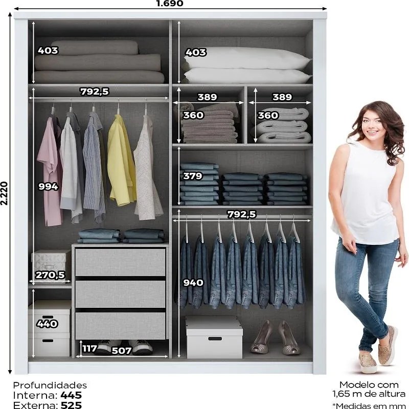 Guarda Roupa Roupeiro 2 Portas com Espelho 3 Gavetas Branco