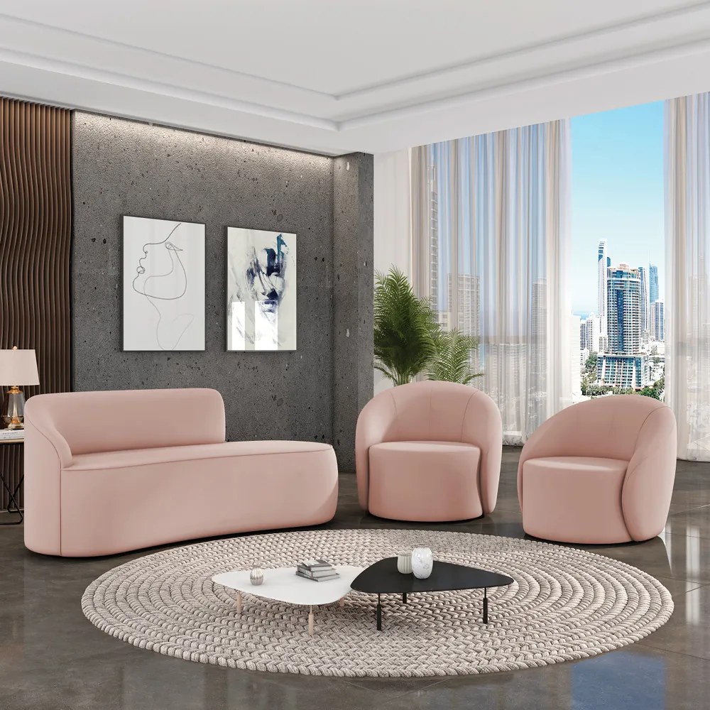 Sofá 3 Lugares Orgânico 180cm Morgan e 2 Poltronas Lua Veludo Rose D03 - D'Rossi