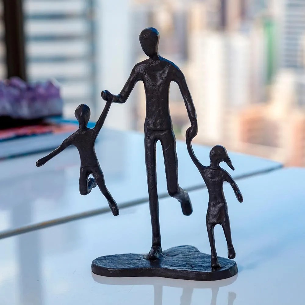 Escultura Decorativa Em Metal Preto Pai e Filhos 19x15 Cm - D'Rossi