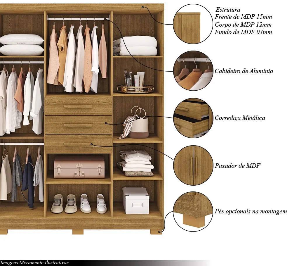 Guarda Roupa Casal Belga 6 Portas de Bater 3 Gavetas com Cabideiros Nature G98 - Gran Belo