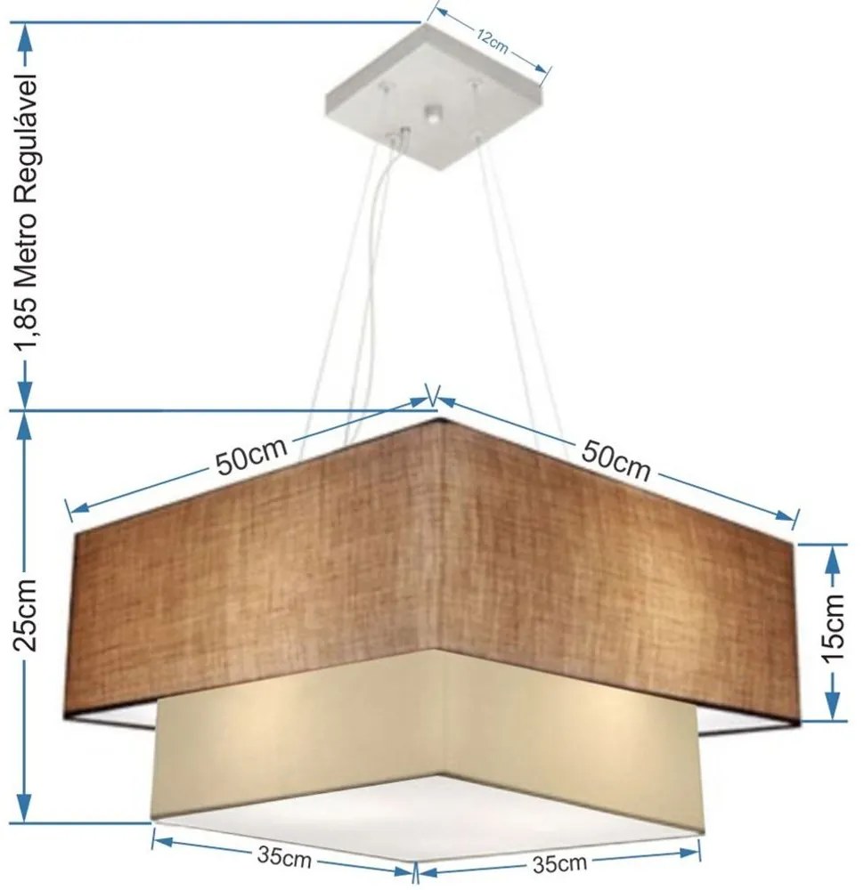 Lustre Pendente Duplo Quadrado Vivare Md-4066 Cúpula em Tecido 50x35cm Palha - Bege - Bivolt