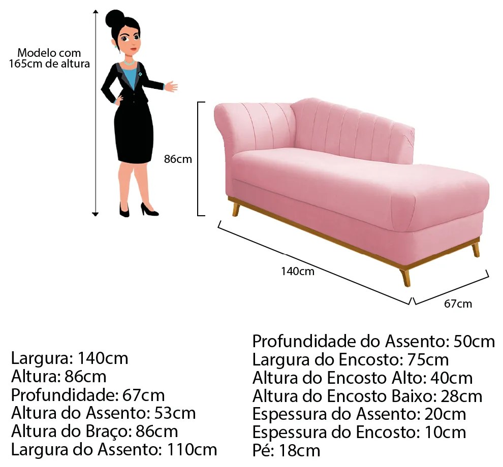 Recamier Vanessa 140cm Lado Esquerdo Suede Rosa Bebê- ADJ Decor