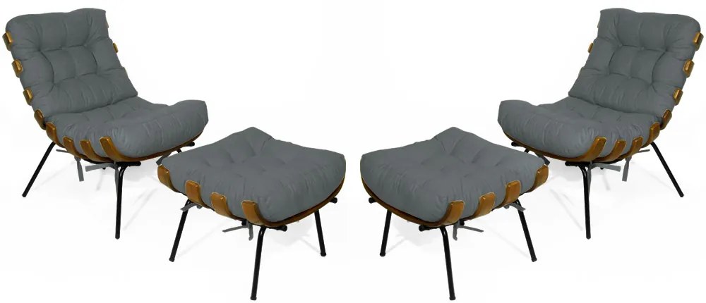 Kit 2 Poltronas Costela Com 2 Puff Costela Suede Cinza