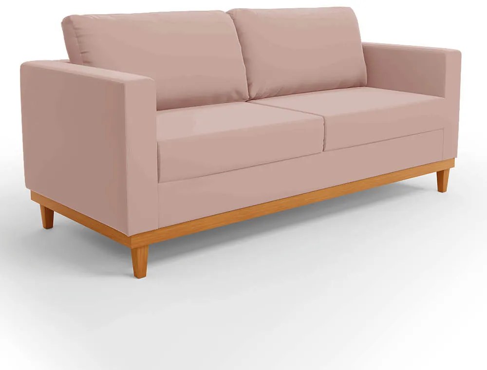 Sofá 03 Lugares Juliette Veludo Rosê Base Madeira Castanho