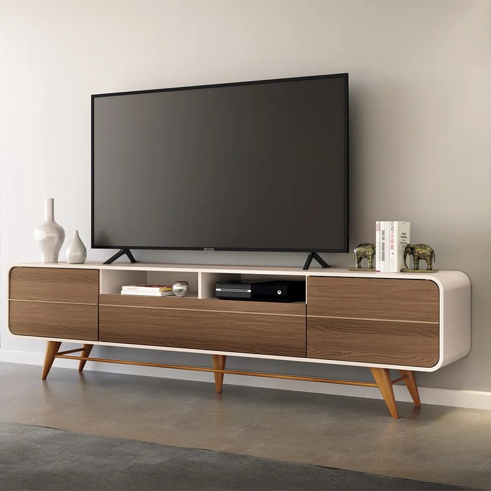 Bancada Época para TV até 85 Polegadas com Pés em Madeira Off White/Castanho G26 - Hb Móveis