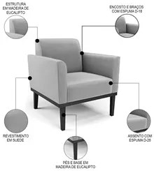 Sofá Namoradeira e 1 Poltrona Base Madeira Preto Maressa Suede Cinza -