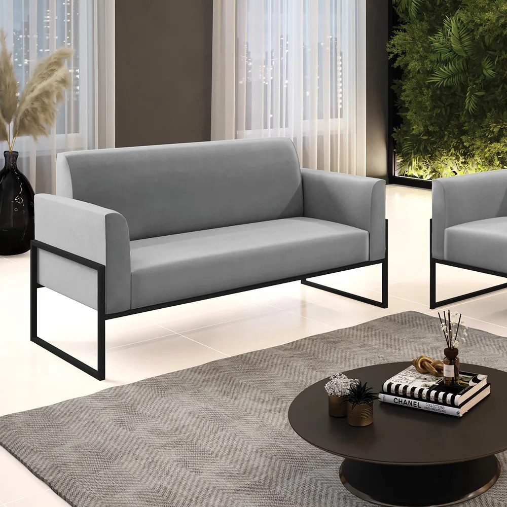 Sofá Namoradeira Base Industrial Alta Preto Marisa Suede D03 - D'Rossi - Cinza