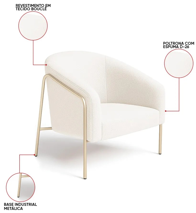 Poltrona Sala Industrial Alta Champanhe Kit 2 Stella Bouclê D03 - D'Rossi  - Off White