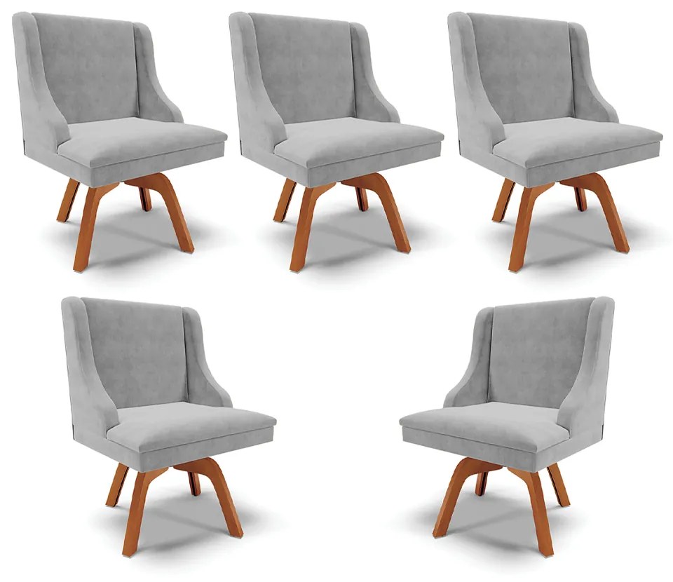 Kit 5 Cadeiras Decorativas Sala de Jantar Base Giratória de Madeira Firenze Suede Cinza/Natural G19 - Gran Belo