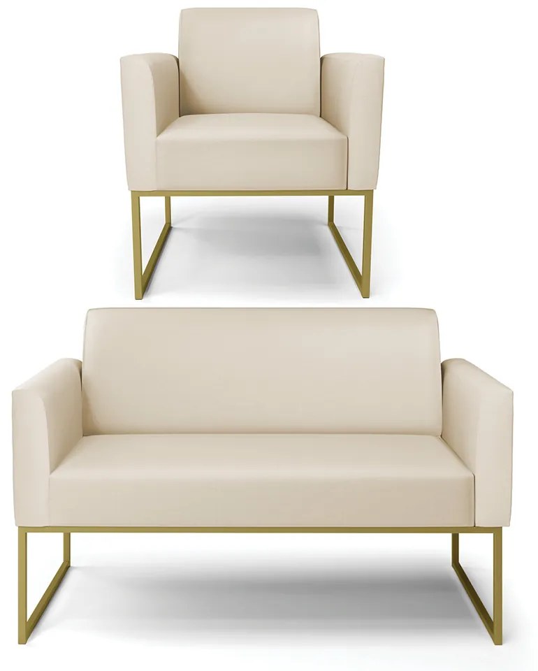 Sofá Namoradeira com Poltrona Base Industrial Dourado Marisa Corino D03 - D'Rossi - Bege