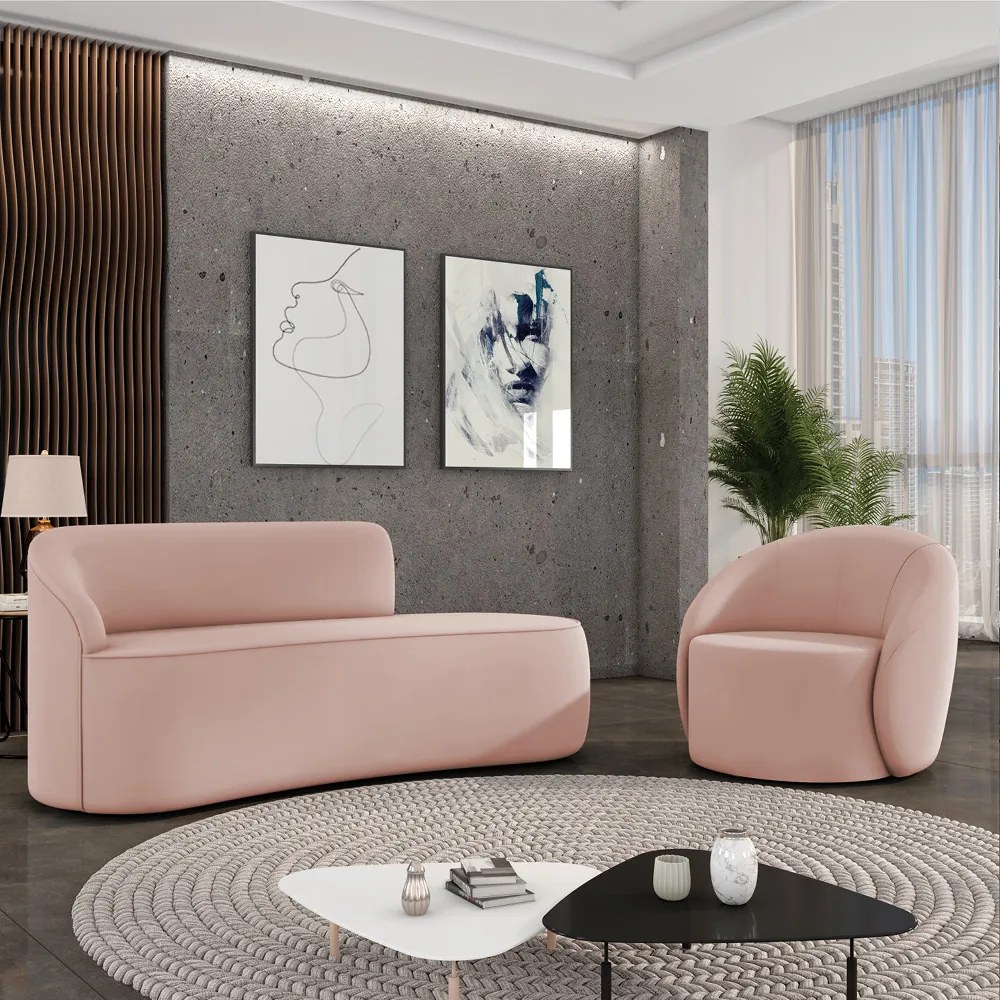 Sofá 2 Lugares Orgânico 140cm Morgan e Poltrona Lua Veludo - Rose