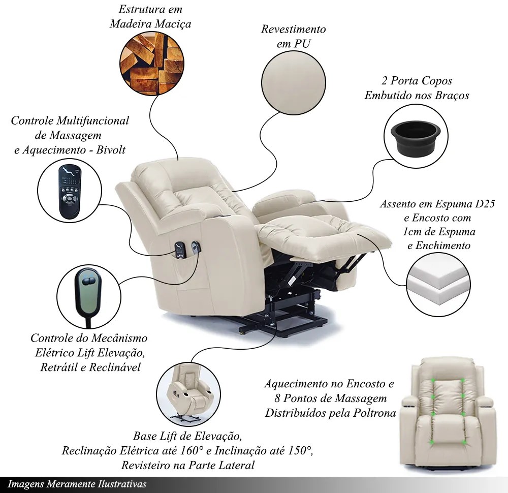 Poltrona do Papai Lift Sala de Estar Reclinável Austin Elétrica Aquecimento Massagem PU Bege G94 - Gran Belo