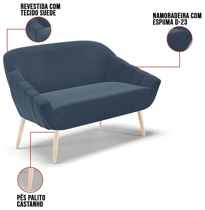 Kit 01 Namoradeira 02 Lugares e 02 Poltronas Giovana Suede Pés Palito Natural D01 - D'Rossi - Azul Marinho