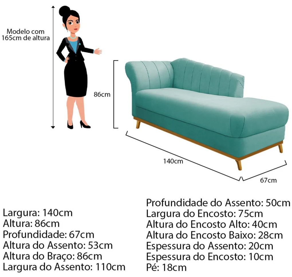 Recamier Vanessa 140cm Lado Direito Suede Azul Tiffany- ADJ Decor