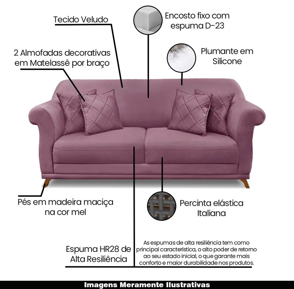 Sofá Decorativo 220cm 3 Lugares com 4 Almofadas Armstrong Veludo Uva G63 - Gran Belo