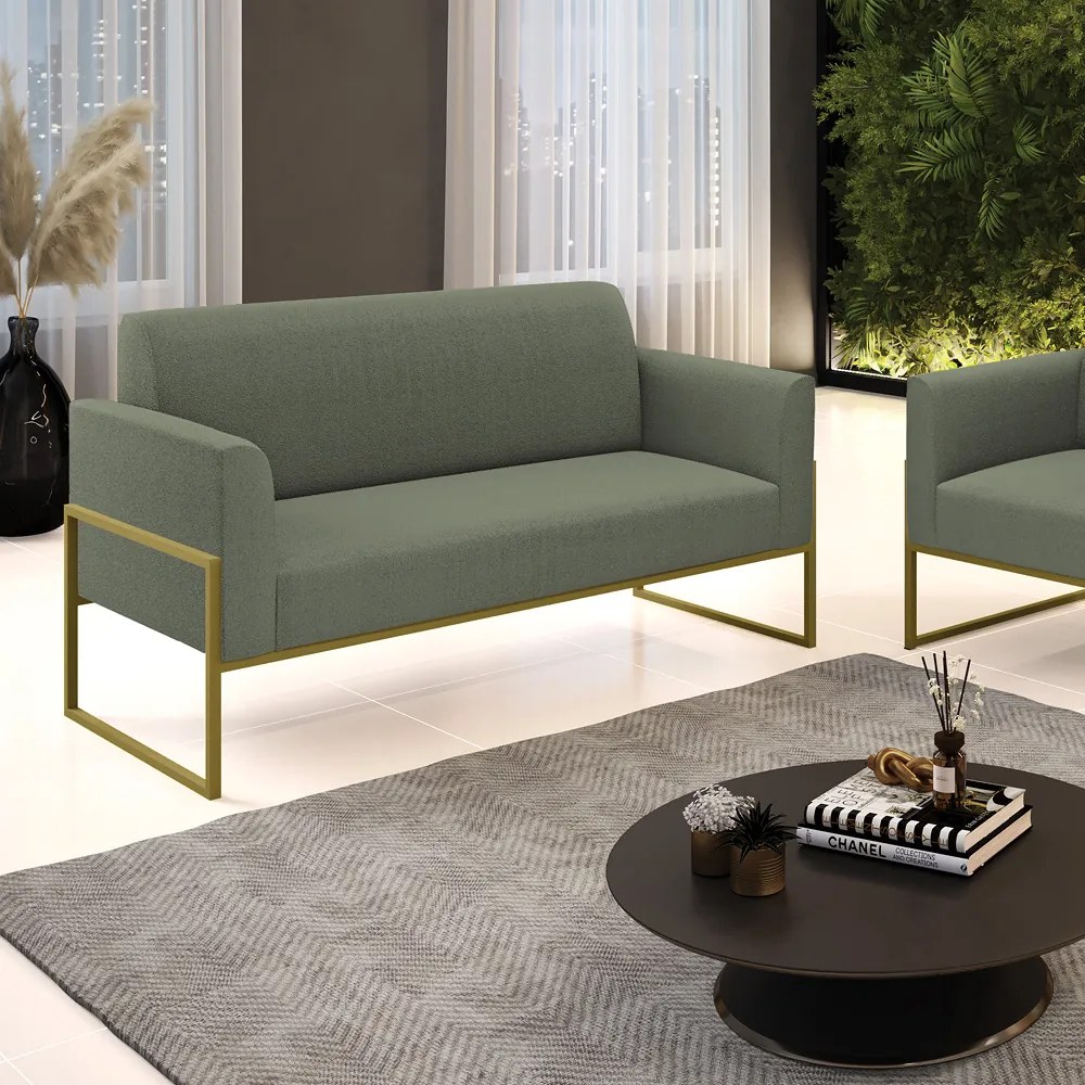 Sofá 2 Lugares Namoradeira Industrial Alta Dourado Marisa Bouclê - Pistache