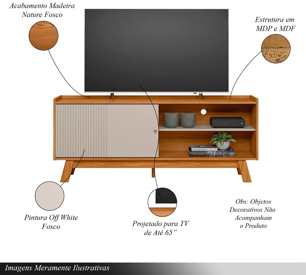 Rack Bancada Decorativo Audrey MDP/MDF TV até 65 Polegadas Nature/Off White G77 - Gran Belo