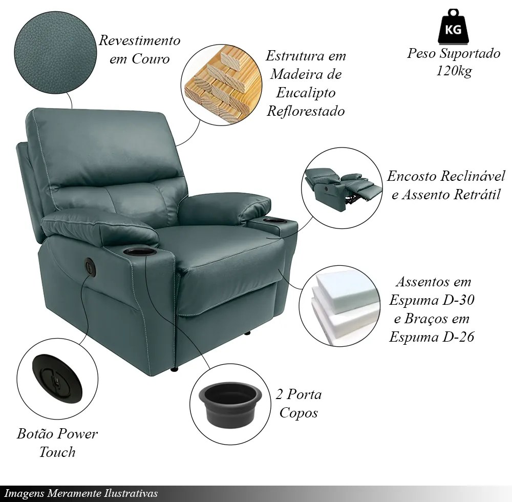 Poltrona do Papai Sala de Cinema Mia Reclinável Retrátil Power Elétrico Base Fixa Couro Azul Majestic G40 - Gran Belo