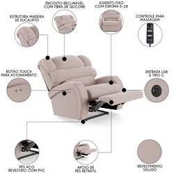 Poltrona do Papai Reclinável Kalie Power Touch Massagem FH9 Veludo Ros