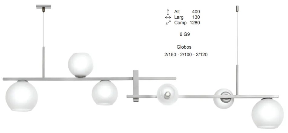 Pendente Tooren Retangular 128X13X40Cm Globos Aberto Ø10Cm / Ø12Cm / Ø... (ROSE FOSCO, FOSCO (Branco))