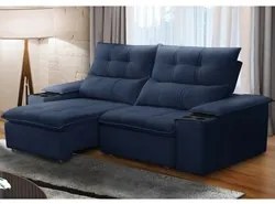Sofá Retrátil 3 Lugares com Porta Copo 210cm Malta F05 Veludo Azul - M