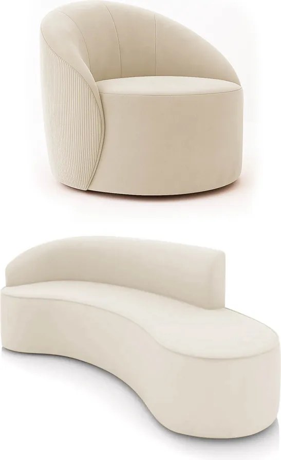 Sofá 4 Lug Orgânico 220cm Morgan e Poltrona Giratória Lua Cotelê/Veludo Bege D03 - D'Rossi