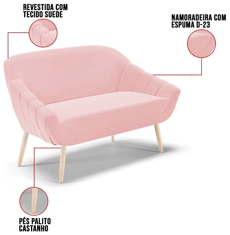 Kit 01 Namoradeira 02 Lugares e 02 Poltronas Giovana Suede Pés Palito Natural D03 - D'Rossi - Rosa Bebê