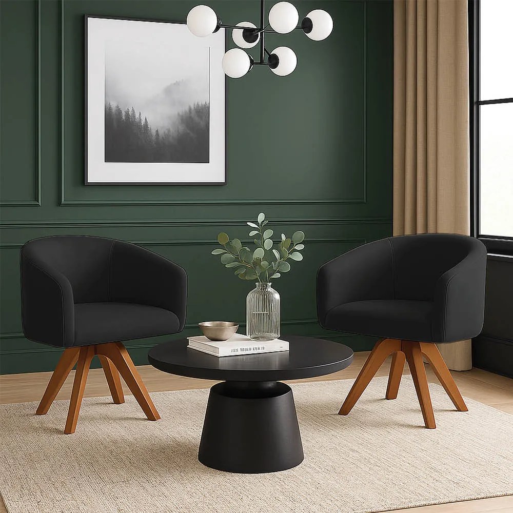 Poltrona Sala Base Giratória Madeira Kit 2 Arielle Suede D03 - D'Rossi - Preto