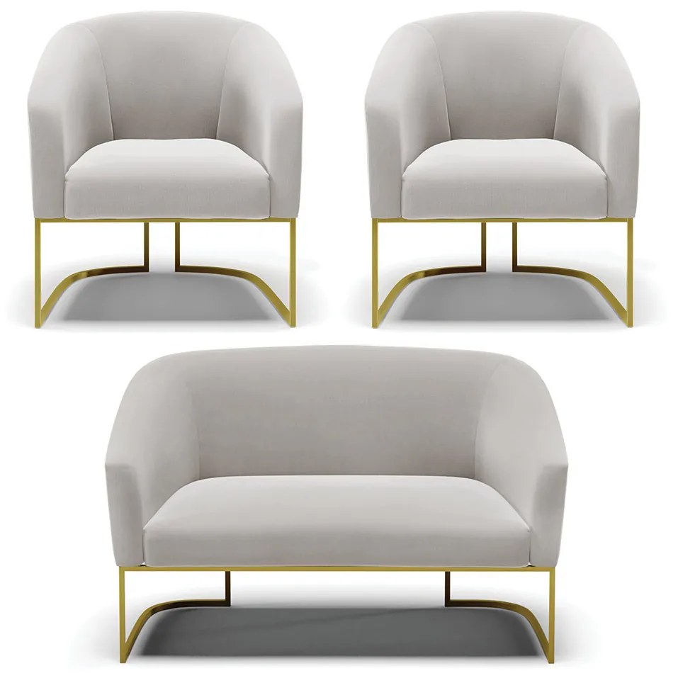 Namoradeira e 2 Poltronas Industrial Dourado Stella Veludo D03 - D'Rossi - Cinza