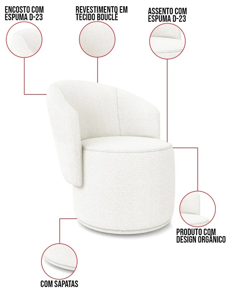 Poltrona e Puff Redondo Orgânico para Sala Malu Bouclê M11 - D'Rossi - Off White