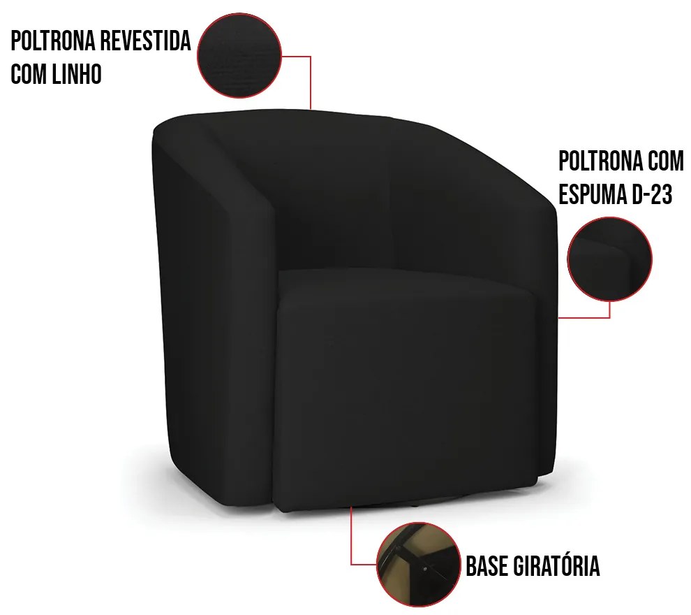 Poltrona Decorativa Base Giratória Kit 2 Stella Max Linho D03 - D'Rossi - A79 Preto