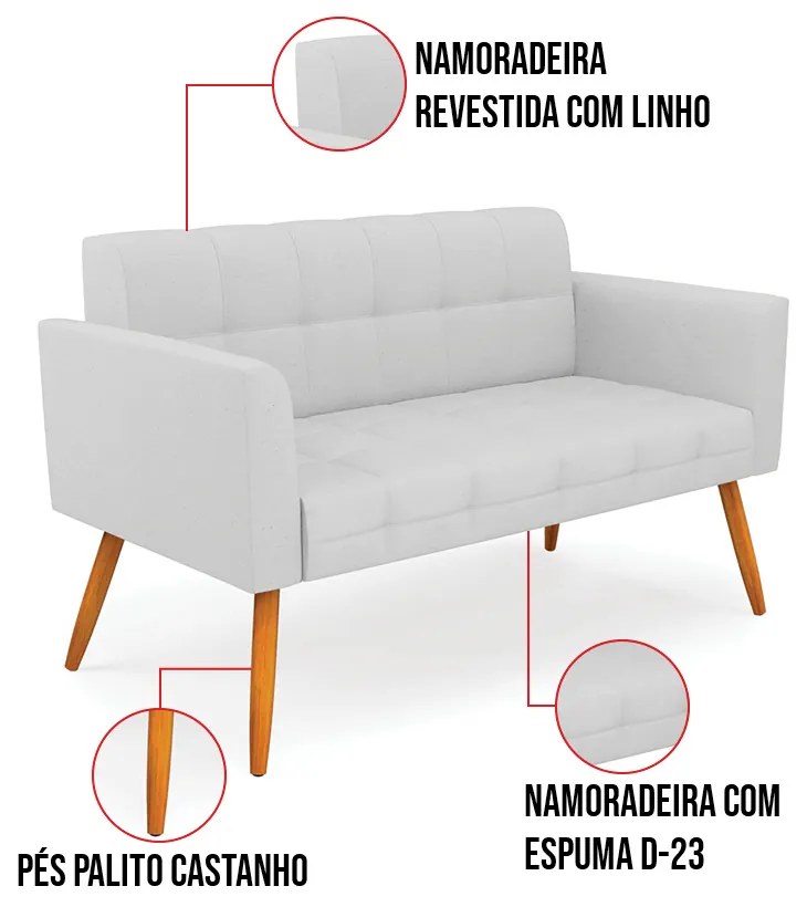 Kit 1 Sofá Namoradeira e 2 Poltronas Elisa Linho Pés Palito Castanho D03 - D'Rossi - A05 Cinza