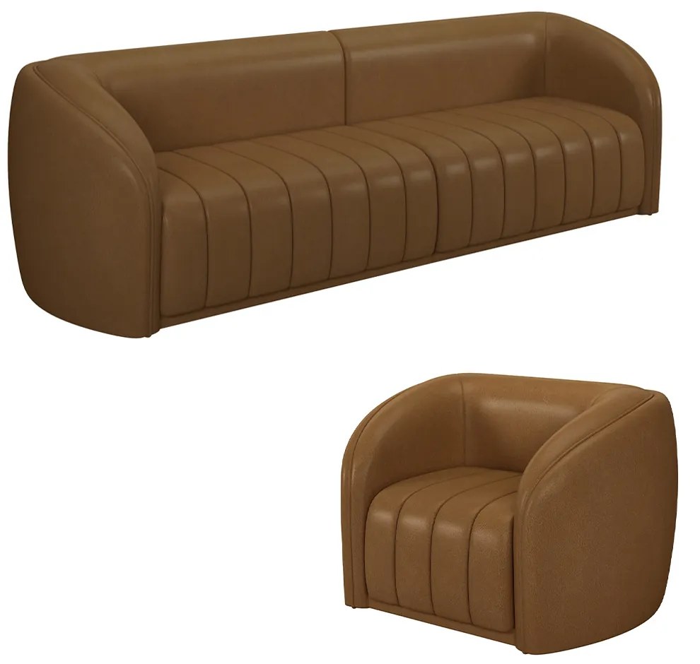 Conjunto Sala de Estar Sofá 332cm 4 Lugares e Poltrona Adam PU Caramelo G45 - Gran Belo