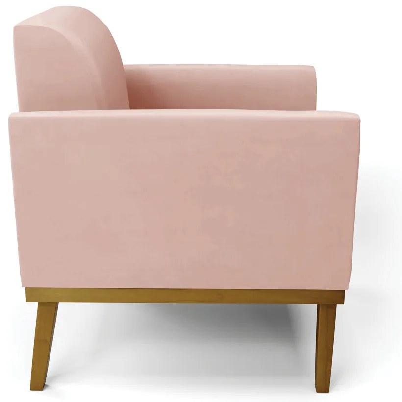 Sofá Namoradeira com Poltrona Base de Madeira Fixa Castanho Marisa Veludo - Rose