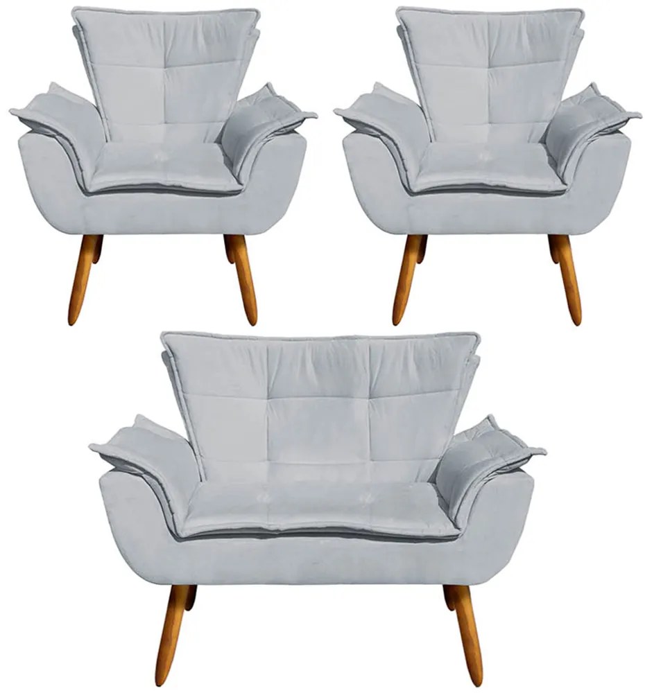 Conjunto 2 Poltronas e 1 Namoradeira Pés Palito Charger Suede Cinza G19 - Gran Belo