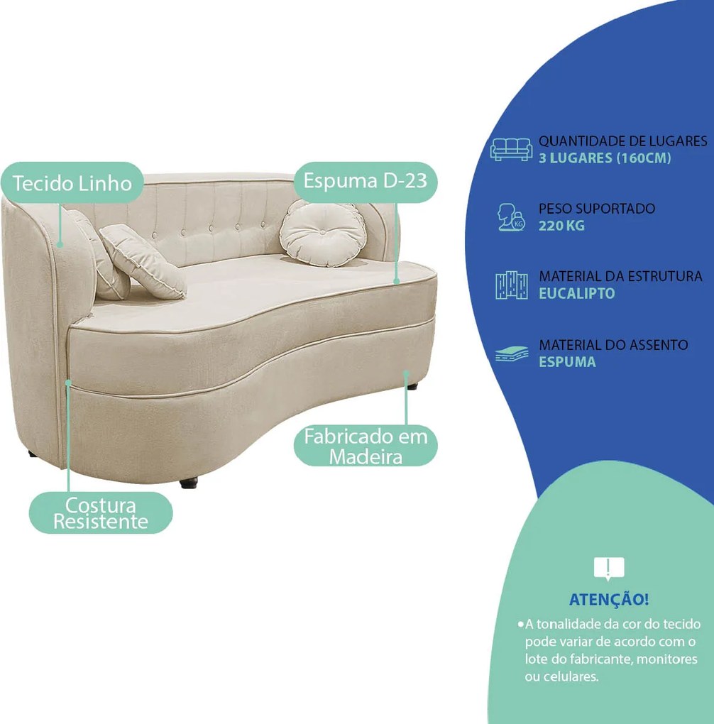Sofá Curvo 2 Lugares Orgânico Sala Recepção Escritório Decorativo Luxo Panamá 160cm Linho