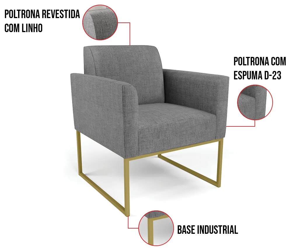 Kit 2 Poltronas Base Industrial Dourado Marisa Linho D03 - D'Rossi - A26 Grafite