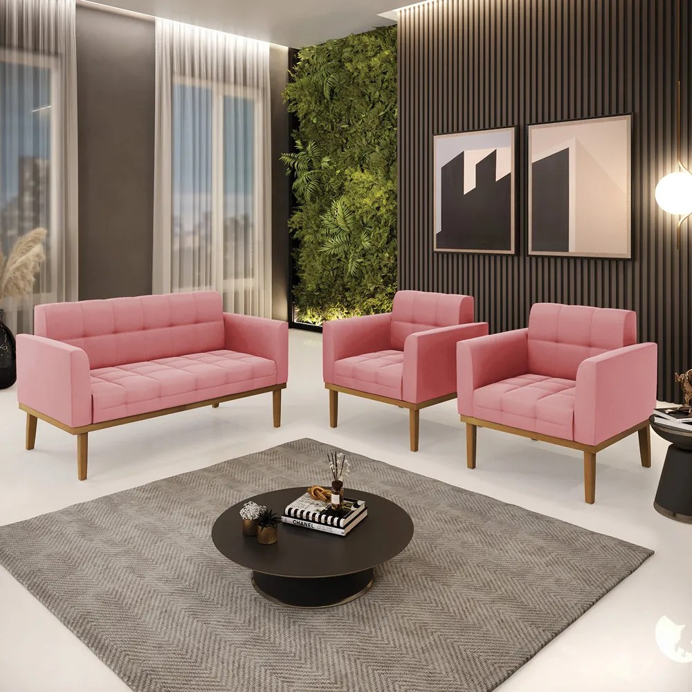 Namoradeira com 2 Poltronas Base de Madeira Castanho Elisa Suede D03 - D'Rossi - Rose